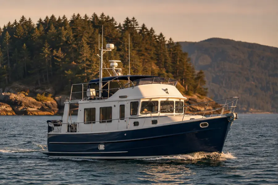 Blue cabin cruiser traveling through the San Juan Islands